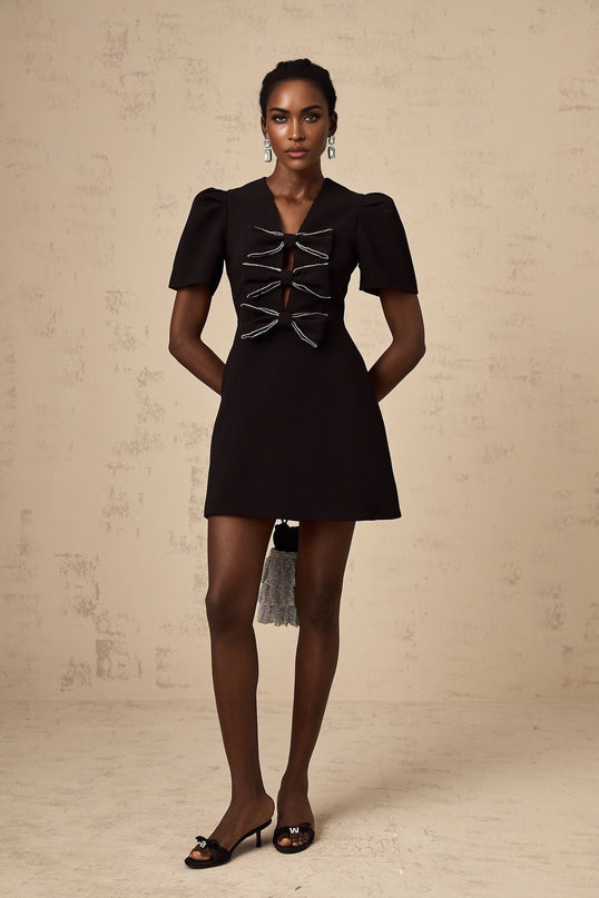 Elena Black V-Neck Mini Dress with Bow Embellishment and Stud Detailing