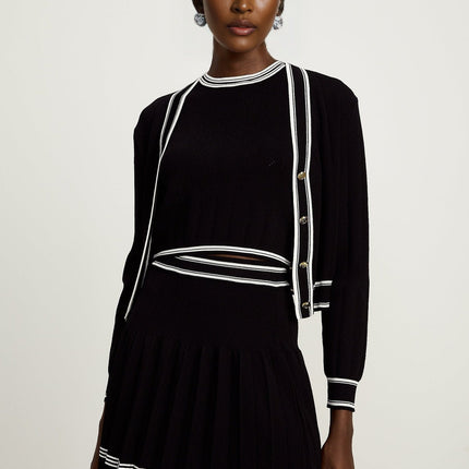 Elena Black & White Knitted Set V Neck Cardigan Vest Top Skirt
