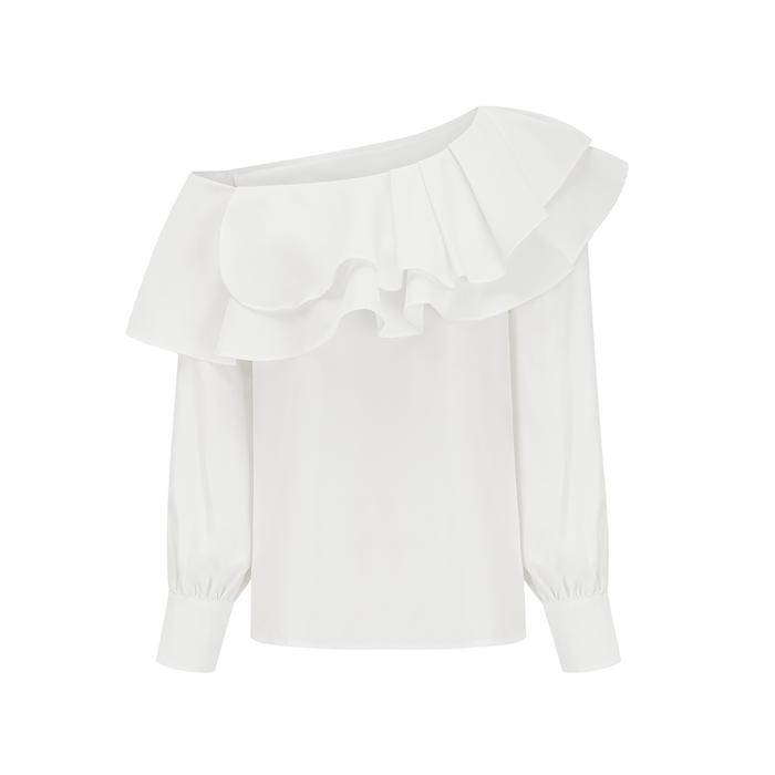Flowy White Blouse with Delicate Floral Embroidery and Puffed Sleeves
