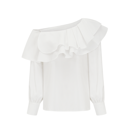 Flowy White Blouse with Delicate Floral Embroidery and Puffed Sleeves