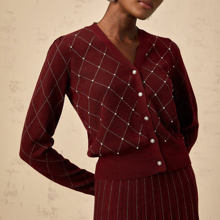 Elena Red and Gold Crystal Argyle Knit Cardigan and Skirt Set