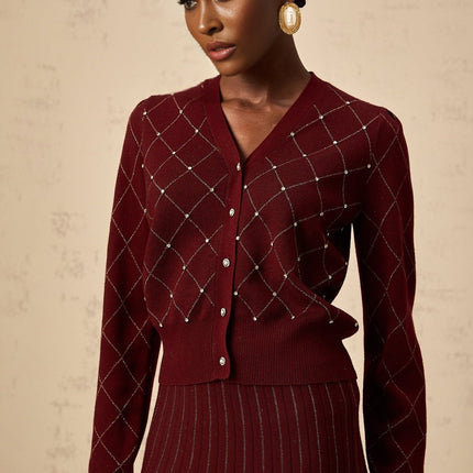 Elena Red and Gold Crystal Argyle Knit Cardigan and Skirt Set
