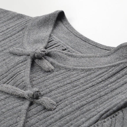 Elena Gray Ribbed Knit High Neck Long Sleeve Top with Decorative Knots