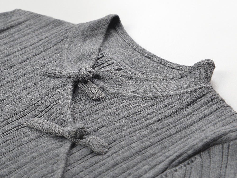 Elena Gray Ribbed Knit High Neck Long Sleeve Top with Decorative Knots