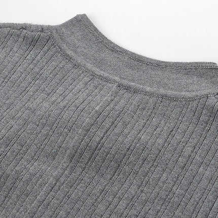 Elena Gray Ribbed Knit High Neck Long Sleeve Top with Decorative Knots