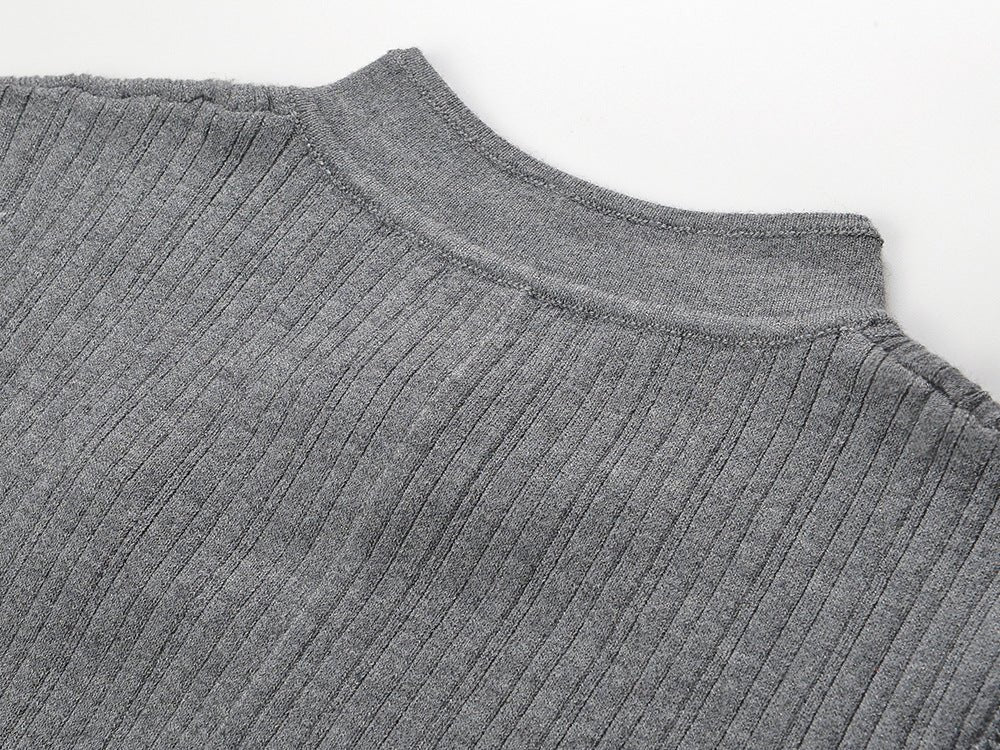 Elena Gray Ribbed Knit High Neck Long Sleeve Top with Decorative Knots