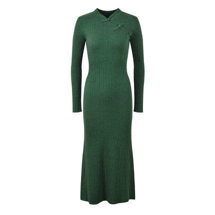 Elena Gray Ribbed Knit Long Sleeve High Neck Top with Decorative Knots