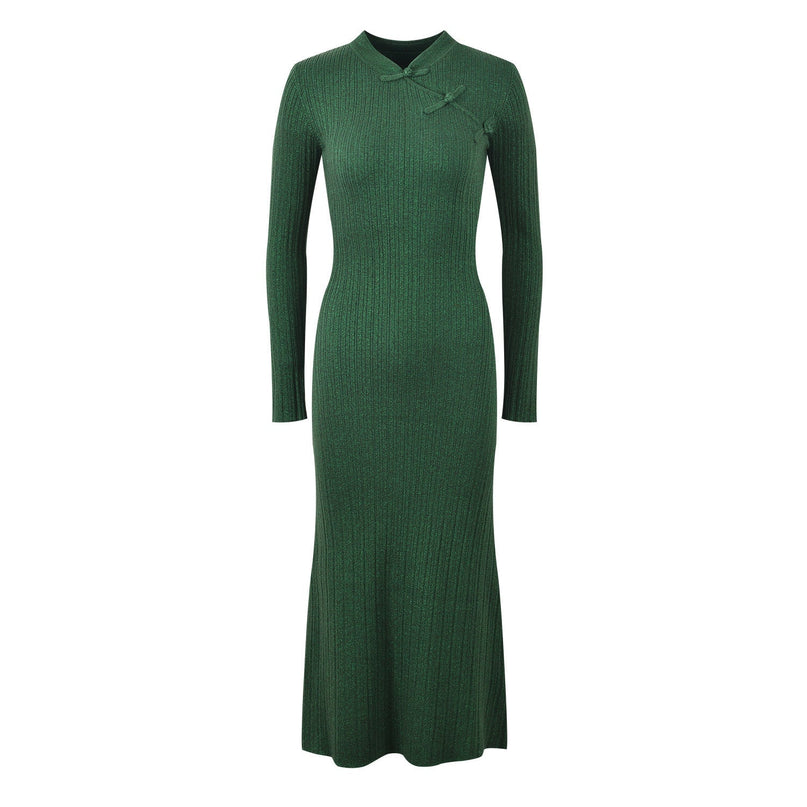 Elena Gray Ribbed Knit Long Sleeve High Neck Top with Decorative Knots