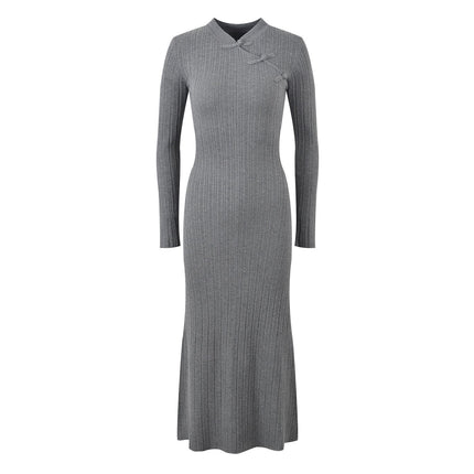 Elena Gray Ribbed Knit Long Sleeve Top with Decorative Knots