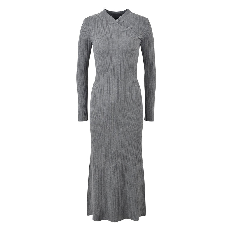 Elena Gray Ribbed Knit Long Sleeve Top with Decorative Knots