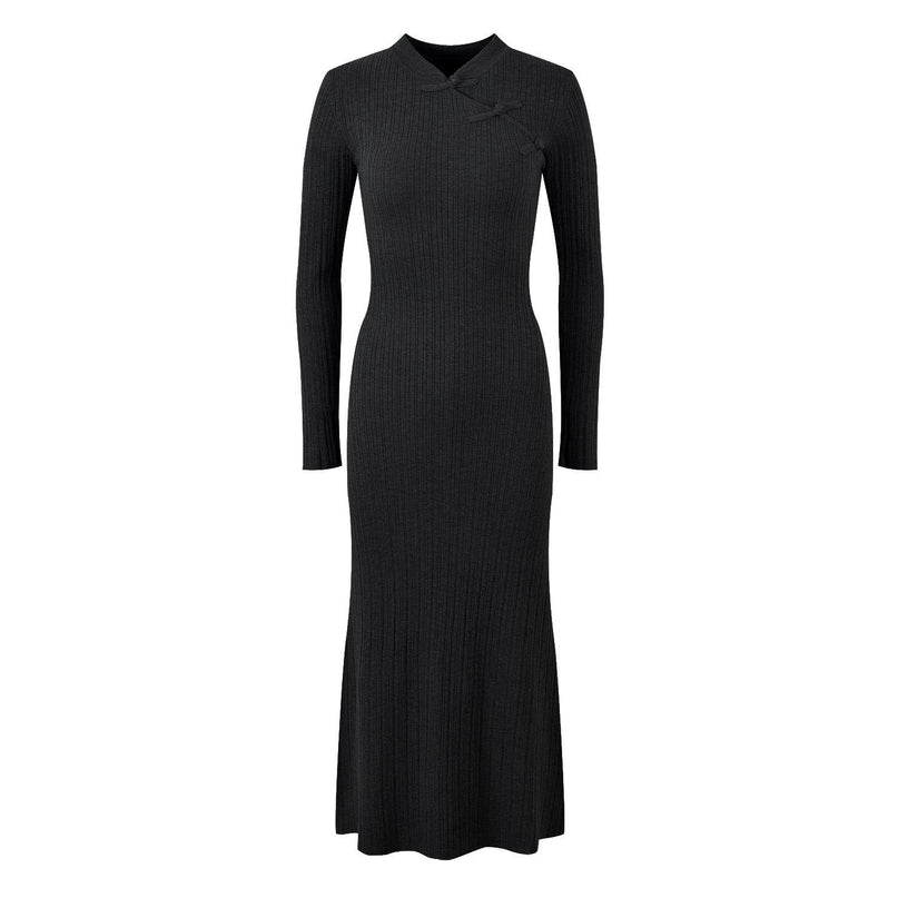 Elena Gray Ribbed Knit Long Sleeve Top with Decorative Knots