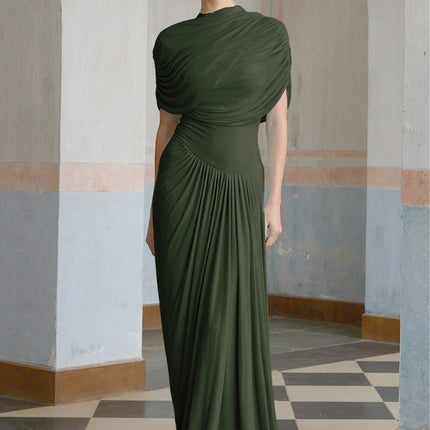 Elena Green Maxi Dress with Shawl Design and Asymmetric Hem in Luxurious Polyamide Elastane Blend