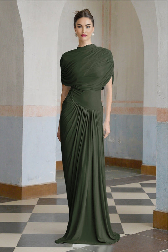 Elena Green Maxi Dress with Shawl Design and Asymmetric Hem in Luxurious Polyamide Elastane Blend