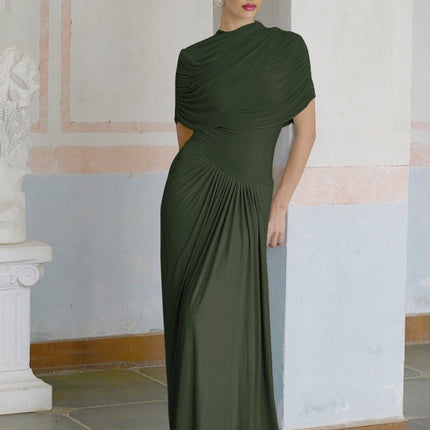 Elena Green Maxi Dress Sleeveless Crew Neck Shawl Design Pleated Draped Asymmetric Hem Floor Length Slip-On Style Luxurious Blend Polyamide Elastane Special Occasions Everyday Wear