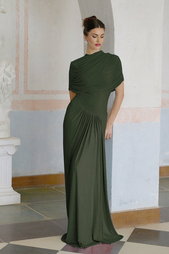 Elena Green Maxi Dress Sleeveless Crew Neck Shawl Design Pleated Draped Asymmetric Hem Floor Length Slip-On Style Luxurious Blend Polyamide Elastane Special Occasions Everyday Wear