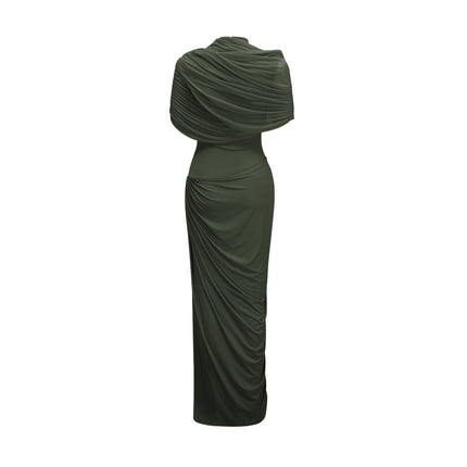 Elena Green Maxi Dress with Shawl Design and Asymmetric Hem in Polyamide Elastane Blend