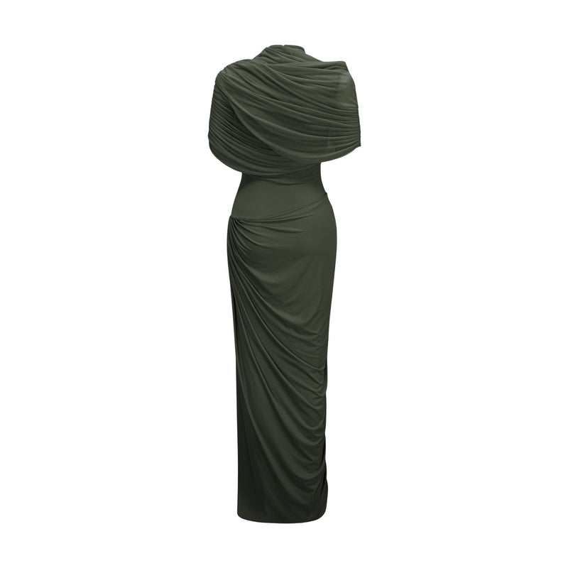 Elena Green Maxi Dress with Shawl Design and Asymmetric Hem in Polyamide Elastane Blend