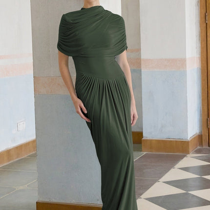 Elena Green Maxi Dress Sleeveless Crew Neck Shawl Pleated Draped Asymmetric Hem Floor Length Slip-On Style Luxurious Blend Polyamide Elastane Elegant Comfortable Timeless Style Special Occasions Everyday Wear