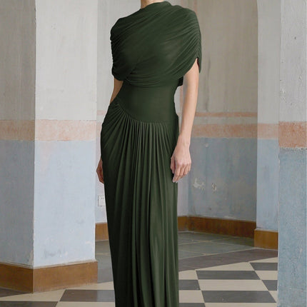 Elena Green Maxi Dress Shawl Design Pleated Draped Sleeveless Crew Neck Asymmetric Hem Floor Length Slip-On Style Luxurious Blend Polyamide Elastane Special Occasions Everyday Wear