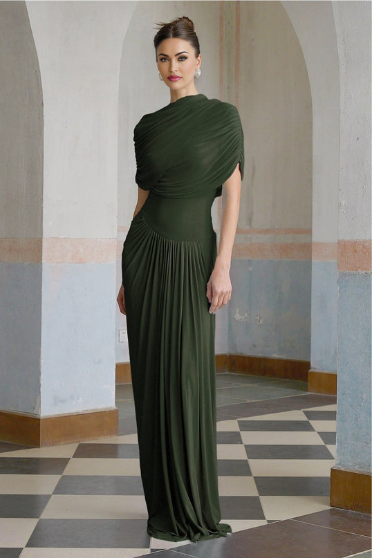Elena Green Maxi Dress Shawl Design Pleated Draped Sleeveless Crew Neck Asymmetric Hem Floor Length Slip-On Style Luxurious Blend Polyamide Elastane Special Occasions Everyday Wear