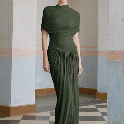 Elena Green Maxi Dress Shawl Design Pleated Draped Crew Neck Asymmetric Hem Floor Length Polyamide Elastane Slip-On Style Luxurious Blend Special Occasions Everyday Wear