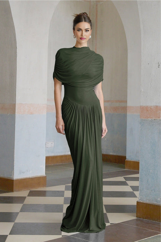 Elena Green Maxi Dress Shawl Design Pleated Draped Crew Neck Asymmetric Hem Floor Length Polyamide Elastane Slip-On Style Luxurious Blend Special Occasions Everyday Wear