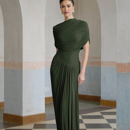 Elena Green Maxi Dress Sleeveless Crew Neck Shawl Design Pleated Draped Detailing Asymmetric Hem Floor Length Slip-On Style Luxurious Blend Polyamide Elastane Elegant Comfortable Timeless Style Special Occasions Everyday Wear
