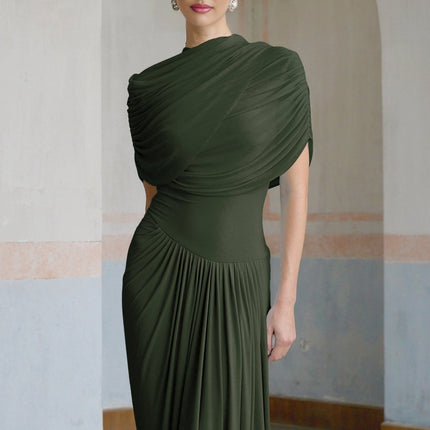 Elena Green Maxi Dress Shawl Design Pleated Draped Crew Neck Asymmetric Hem Floor Length Slip-On Style Luxurious Blend Polyamide Elastane Special Occasions Everyday Wear