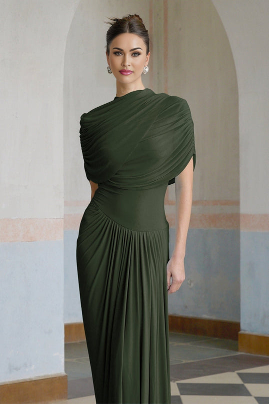 Elena Green Maxi Dress Shawl Design Pleated Draped Crew Neck Asymmetric Hem Floor Length Slip-On Style Luxurious Blend Polyamide Elastane Special Occasions Everyday Wear