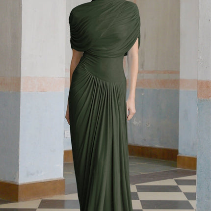 Elena Green Maxi Dress Shawl Design Pleated Draped Crew Neck Asymmetric Hem Floor Length Slip-On Style Luxurious Blend Polyamide Elastane Special Occasions Everyday Wear