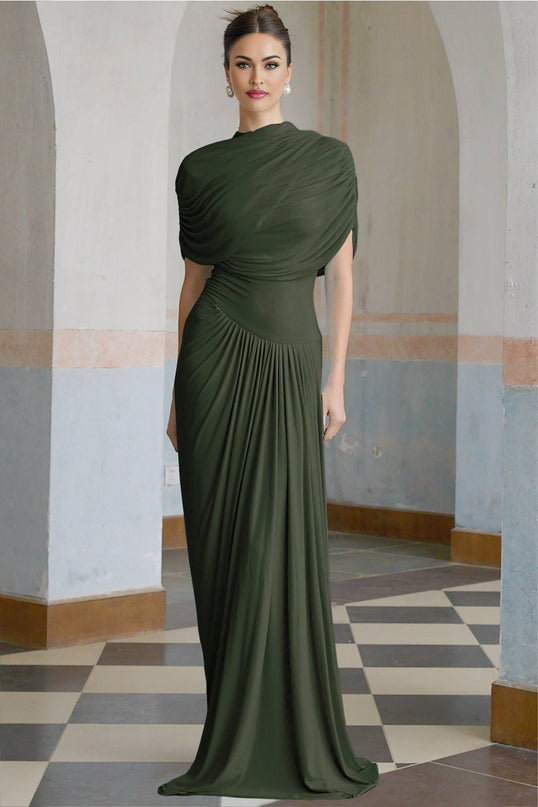 Elena Green Maxi Dress Shawl Design Pleated Draped Crew Neck Asymmetric Hem Floor Length Slip-On Style Luxurious Blend Polyamide Elastane Special Occasions Everyday Wear