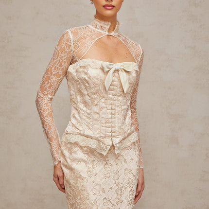 Elena Ivory Jacquard Skirt Top Set Terylene Fiber Bow Detailing Ruffled Trim Mermaid Hem