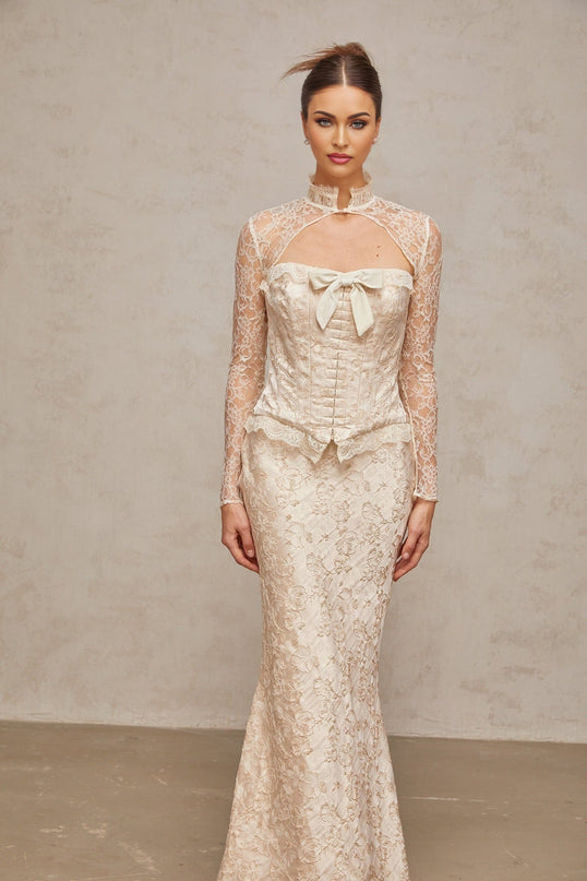 Elena Ivory Jacquard Skirt Top Set