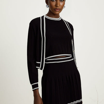 Elena Knitted Set Black & White Cardigan Vest Skirt
