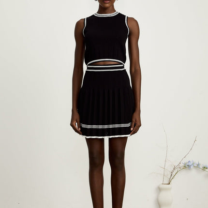 Elena Knitted Set Black & White Cardigan Vest Top Skirt