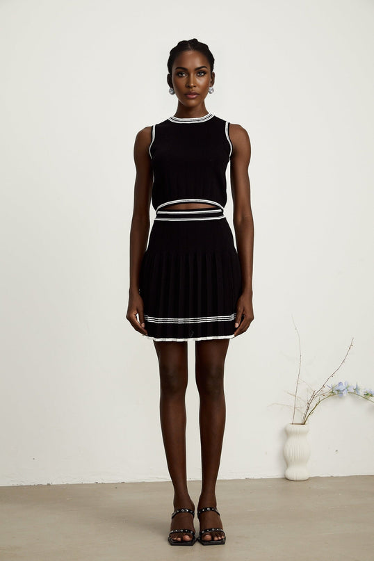 Elena Knitted Set Black & White Cardigan Vest Top Skirt