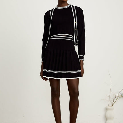 Elena Knitted Set Black & White Cardigan Vest Top Skirt