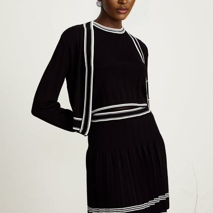 Elena Knitted Set Black & White Cardigan Vest Skirt