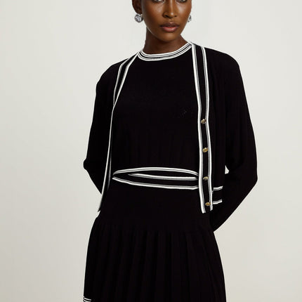 Elena Knitted Set Black & White V Neck Cardigan Vest Top Skirt