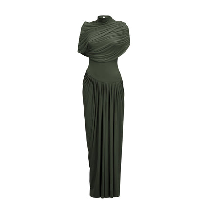 Elena Green Maxi Dress Shawl Pleated Draped Crew Neck Asymmetric Hem Polyamide Elastane Slip-On Style Floor Length Special Occasions Everyday Wear