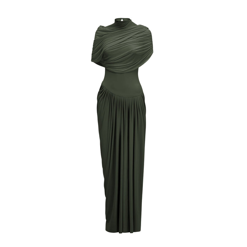 Elena Green Maxi Dress Shawl Pleated Draped Crew Neck Asymmetric Hem Polyamide Elastane Slip-On Style Floor Length Special Occasions Everyday Wear