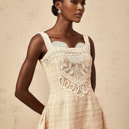 Elena Neutrals Embroidered Mini Dress with Sweetheart Neckline and Button Detailing
