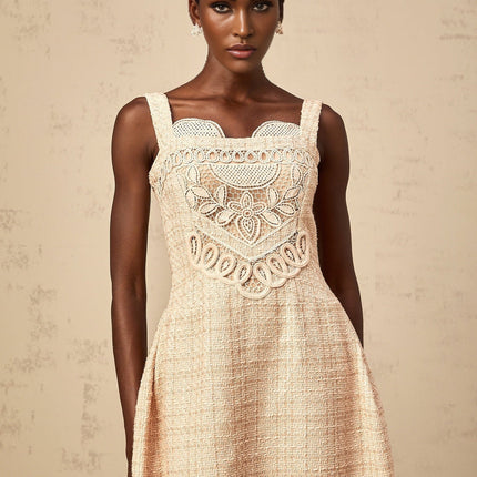 Elena Neutrals Embroidered Mini Dress Sweetheart Neckline Wide Straps Flower Design Button Detailing Rear Zip Fastening Thigh-Length Luxury Terylene Fiber