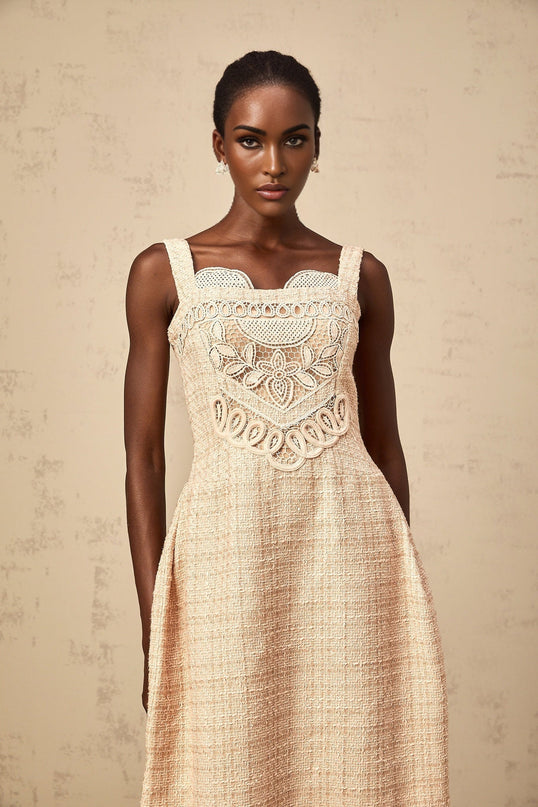 Elena Neutrals Embroidered Mini Dress Sweetheart Neckline Wide Straps Flower Design Button Detailing Rear Zip Fastening Thigh-Length Luxury Terylene Fiber