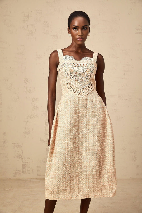 Elena Neutrals Embroidered Mini Dress Sweetheart Neckline Wide Straps Floral Detailing Rear Zip Fastening Terylene Fiber