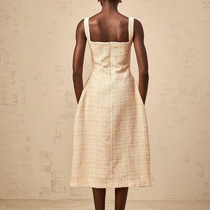Elena Neutrals Embroidered Mini Dress Sweetheart Neckline Button Detailing