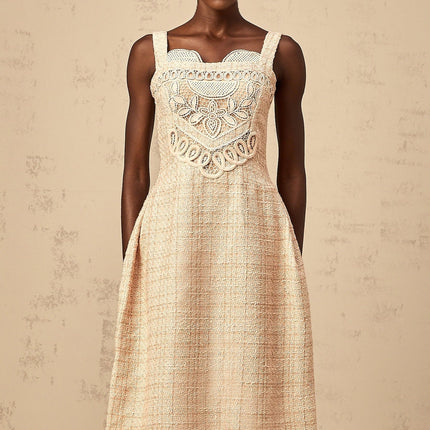 Elena Neutrals Embroidered Mini Dress with Sweetheart Neckline and Button Detailing