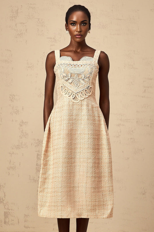 Elena Neutrals Embroidered Mini Dress with Sweetheart Neckline and Button Detailing