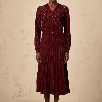 Elena Red Crystal Argyle Knit Cardigan Skirt Set