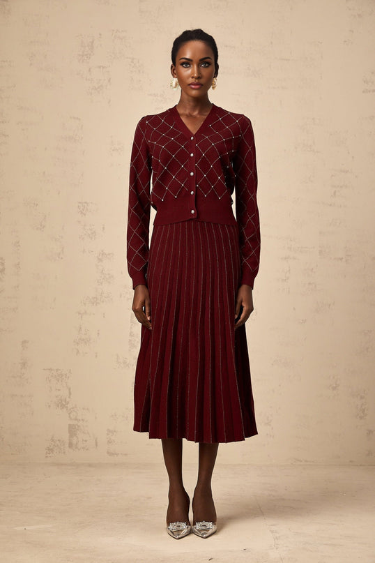 Elena Red Crystal Argyle Knit Cardigan Skirt Set